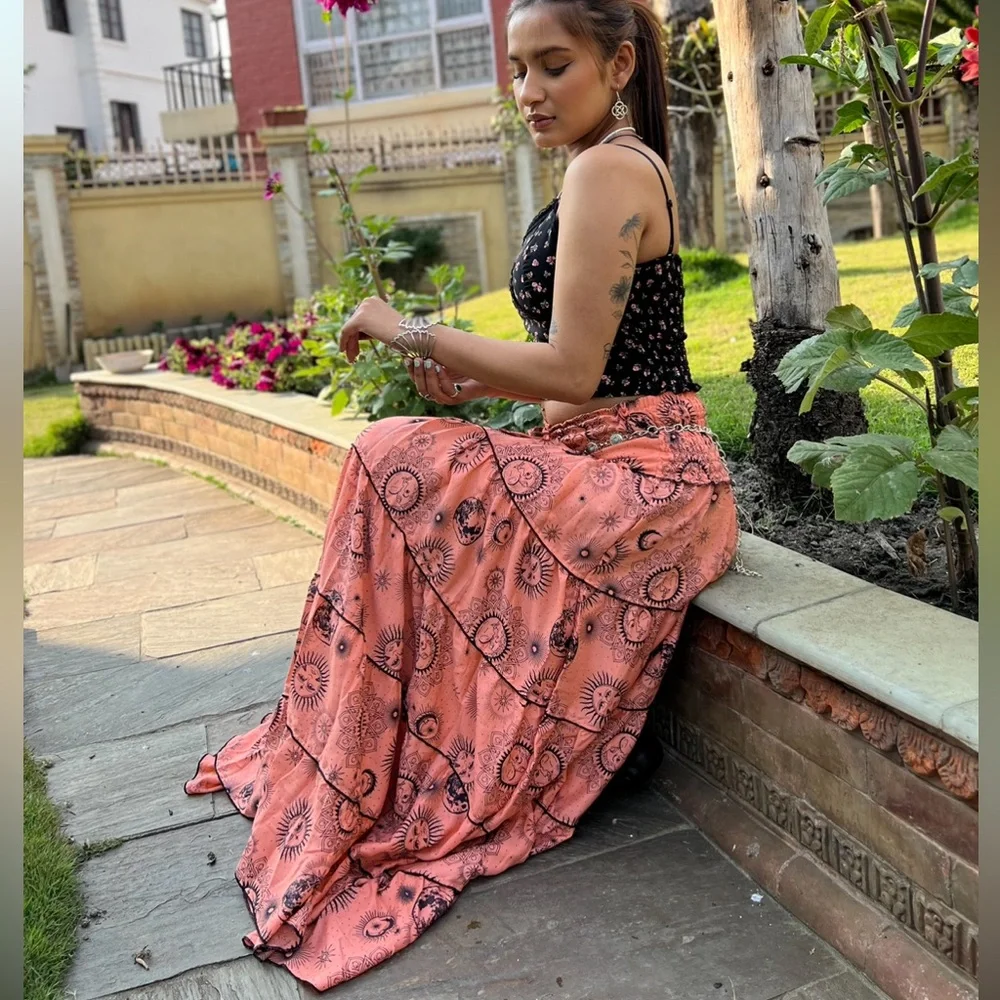 Celestial Sun Moon Print Flowy Tiered Bohemian Skirt - Picture 4 of 7